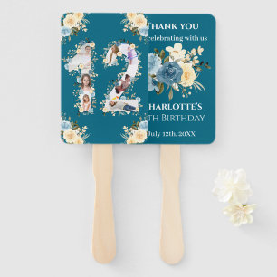 12th Birthday Teal Photo Collage Flower Yellow Hand Fan