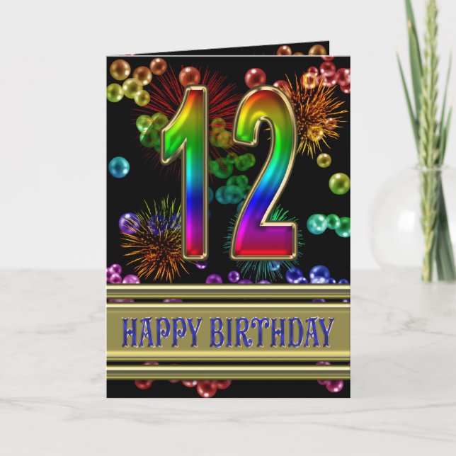 12th Birthday with rainbow bubbles and fireworks Card (Front)