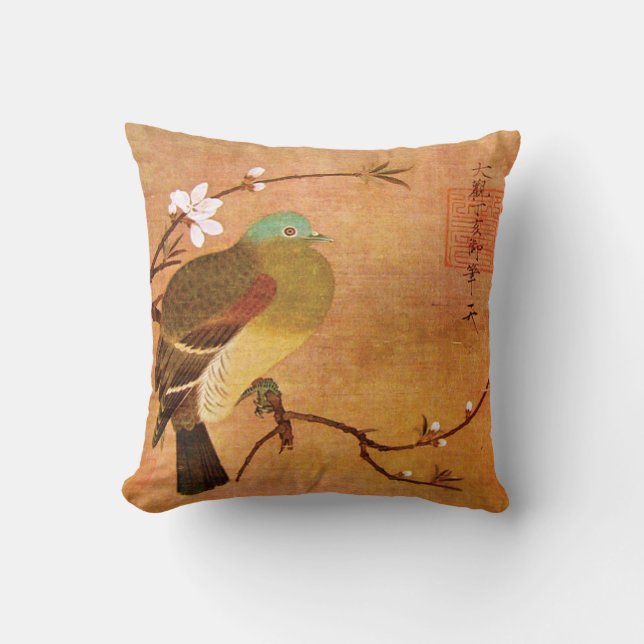 12th Century Dynasty Bird on a Peach Branch Cushion (Front)