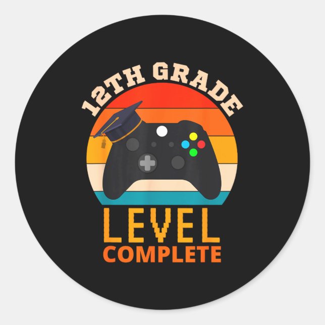 12th grade level complete funny gamer graduation classic round sticker (Front)