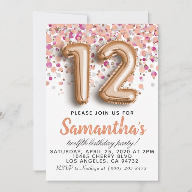 12th Rose Gold Birthday Invitation (Front)