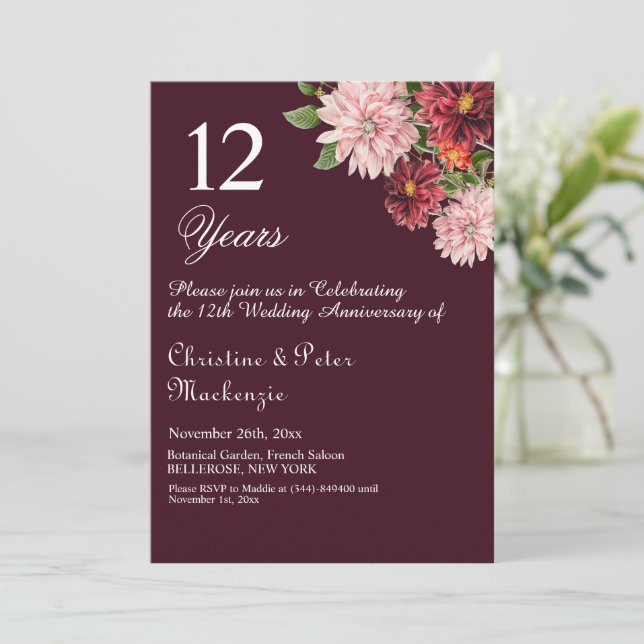12th Silk Wedding Anniversary Burgundy Floral Invitation (Standing Front)
