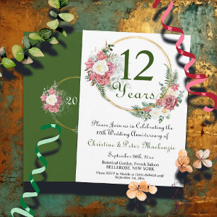 12th Silk Wedding Anniversary Roses Gold Frame Invitation