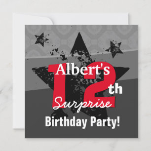 12th TWEEN Surprise Birthday Charcoal Grunge C12 Invitation