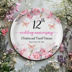 12th Wedding Anniversary Blush Roses Paper Plate