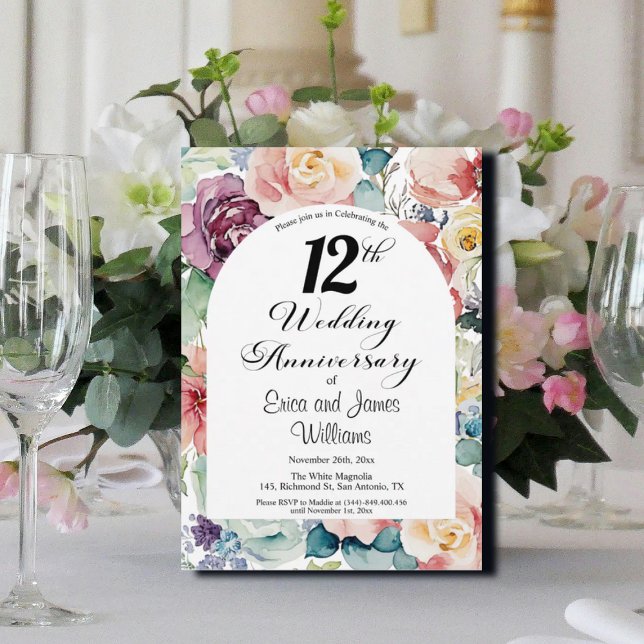 12th Wedding Anniversary Elegant Script Floral Invitation (Creator Uploaded)