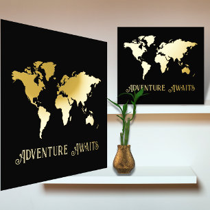 12x12 Black GOLD World Map Adventure Awaits Travel Foil Prints