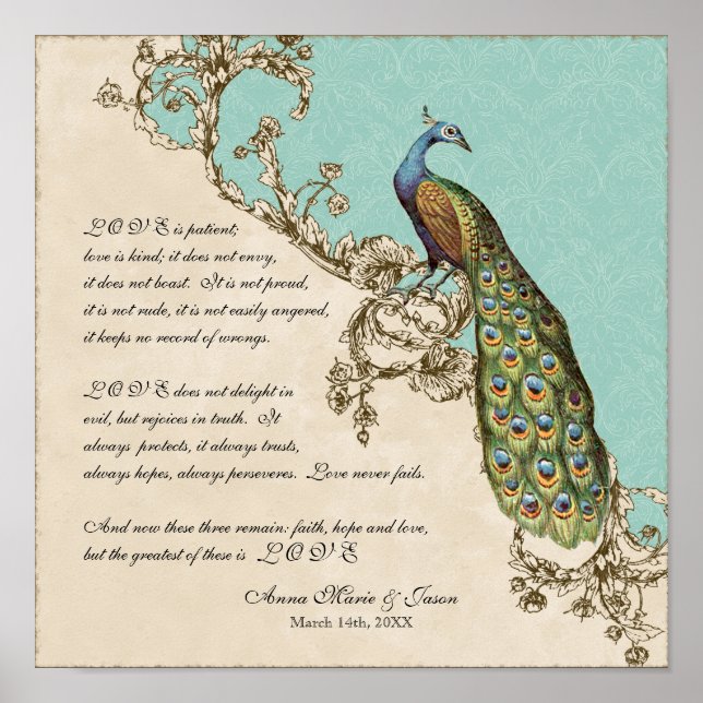 12x12 Vintage Peacock 1 - Wedding Personalised Poster (Front)