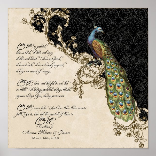 12x12 Vintage Peacock 1 - Wedding Personalised Poster (Front)