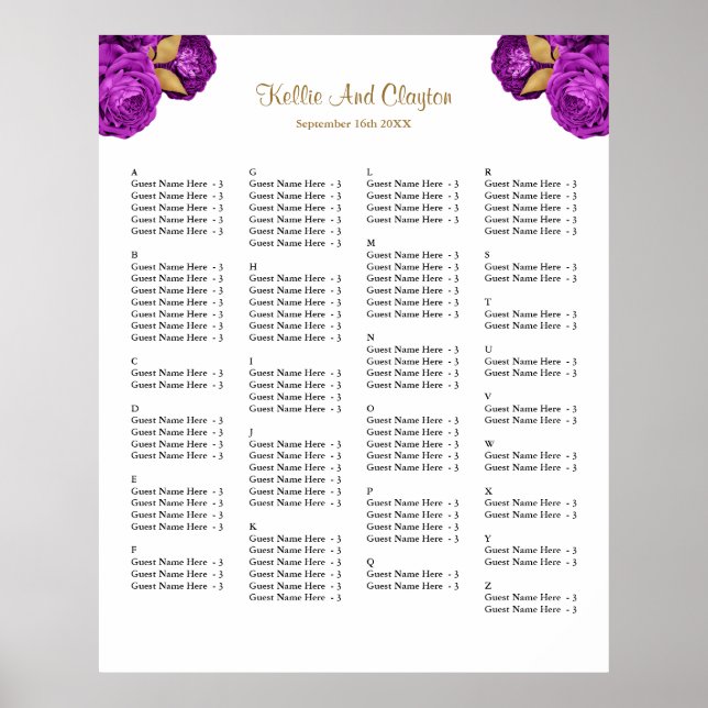 130 Purple And Gold Floral Wedding Seating Chart (Front)