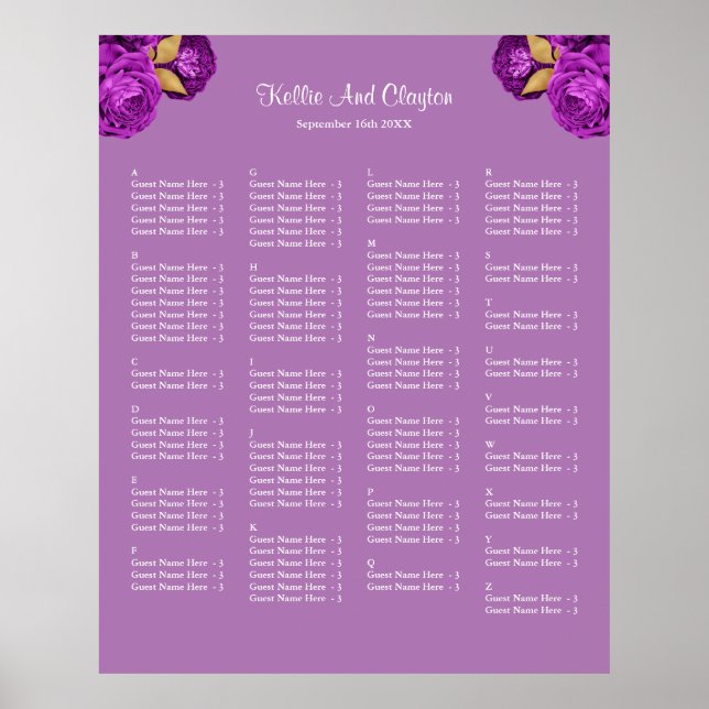 130 Purple And Gold Floral Wedding Seating Chart (Front)