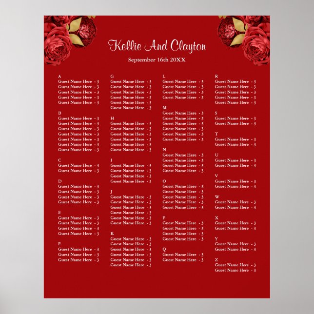 130 Red And Gold Floral Wedding Seating Chart (Front)