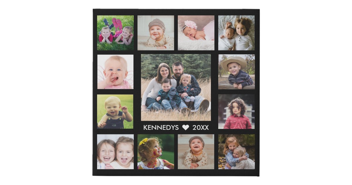 13 Family Photo Collage Create Your Own Black Faux Canvas Print Zazzle