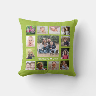 13 Family Photo Collage Create Your Own Lime Green Cushion