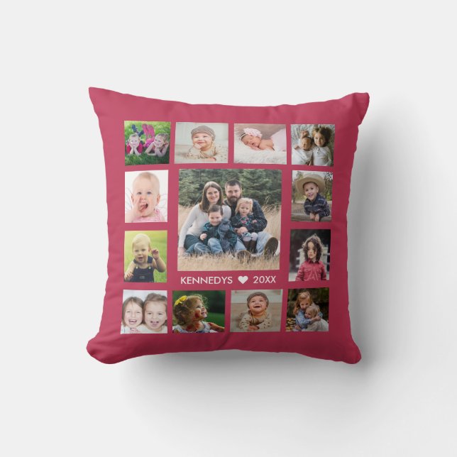 13 Family Photo Collage Create Your Own Magenta Cushion (Front)