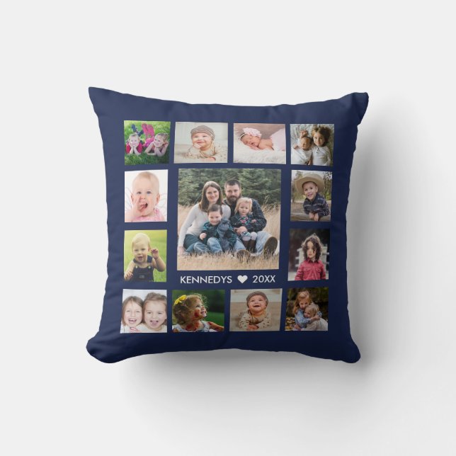 13 Family Photo Collage Create Your Own Navy Blue Cushion (Front)