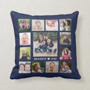 13 Family Photo Collage Create Your Own Navy Blue Cushion