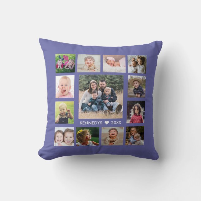 13 Family Photo Collage Create Your Own Periwinkle Cushion (Front)