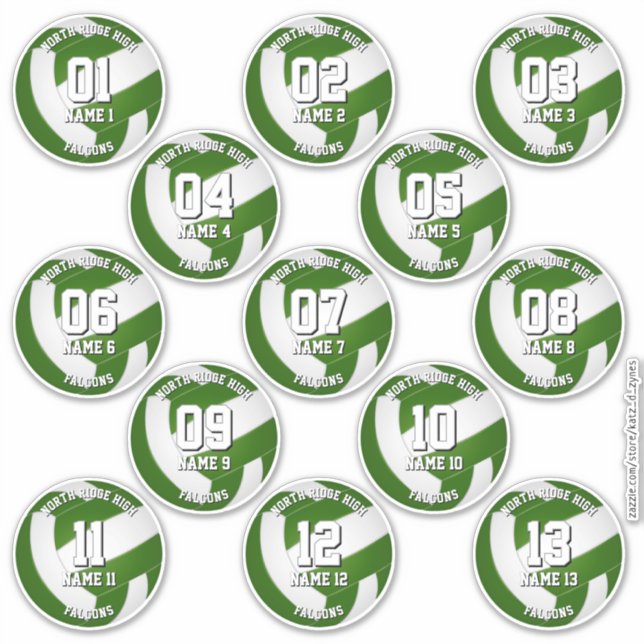 13 green volleyball stickers one for each athlete (Front)