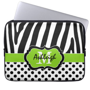13" Lime Black Zebra Stripes Polka Dot Laptop Case
