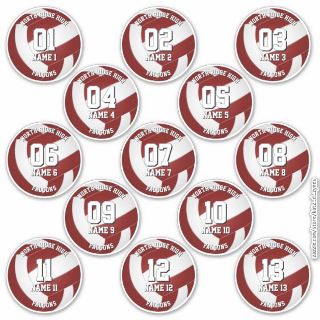 13 maroon volleyball stickers one for each athlete (Front)