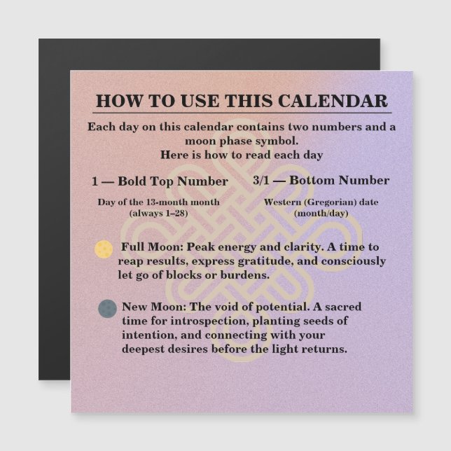 13-Month Moon Phase Zodiac instructions Calendar (Front/Back)