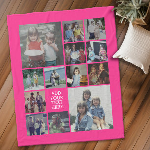 13 Photo Collage and Text - Can Edit Hot Pink Fleece Blanket