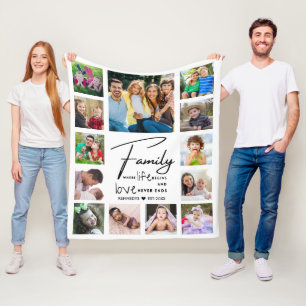 13 Photo Collage Family Quote Name Black And white Fleece Blanket