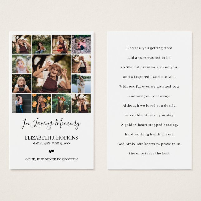 13 Photo Collage Funeral Memorial Prayer Cards (Front & Back)