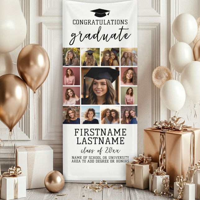13 Photo Collage Graduation Modern Minimal White Banner (Custom Graduation Banner)