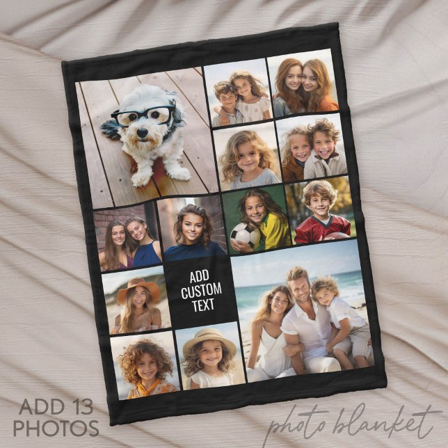 13 Photo Collage Grid - Custom Text Can Edit Black Fleece Blanket (Photo Blanket - Fleece)