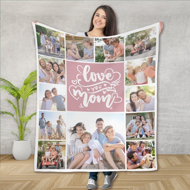 13 Photo Collage Love You Mum Pink Fleece Blanket (Creator Uploaded)