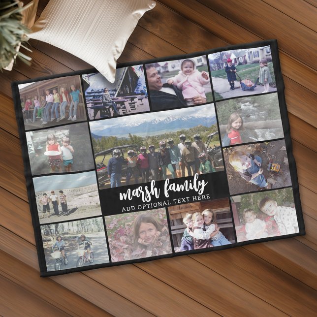 13 Photo Collage Optional Text -- Family - black Fleece Blanket (Personalized fleece blanket with 13 photos and custom text)