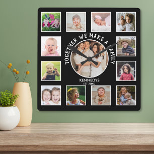 13 Photo Collage Together Family Quote Name Black Square Wall Clock
