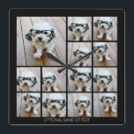 13 Photo Funky Collage with Simple Text Square Wall Clock<br><div class="desc">Use 13 square photos and make a unique and trendy photo collage with a place for a family name or date. If you need to move anything around,  click on the customize button to make changes.</div>