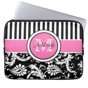 13" Pink Black White Damask Striped Laptop Sleeve