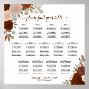 13 Table Autumn Orange Roses Wedding Seating Chart