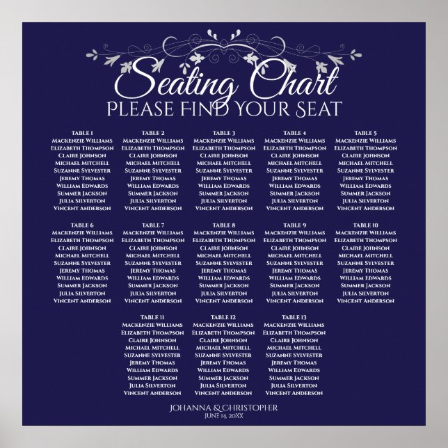 13 Table Elegant Navy Blue Wedding Seating Chart (Front)