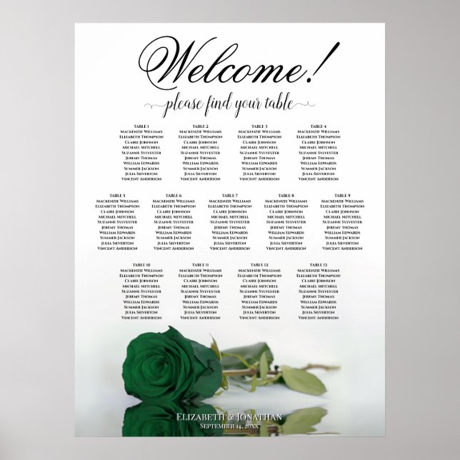 13 Table Emerald Green Rose Wedding Seating Chart (Front)