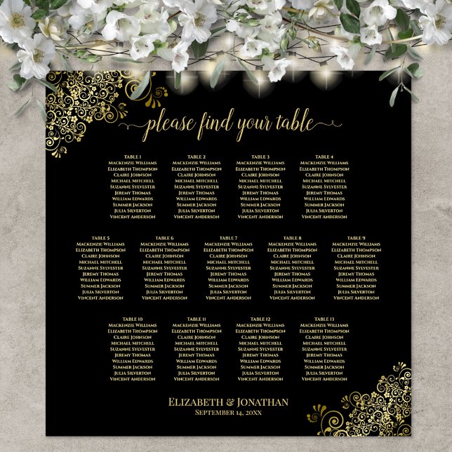 13 Table Gold Frills Black Wedding Seating Chart (In Situ on Wall with Flowers)