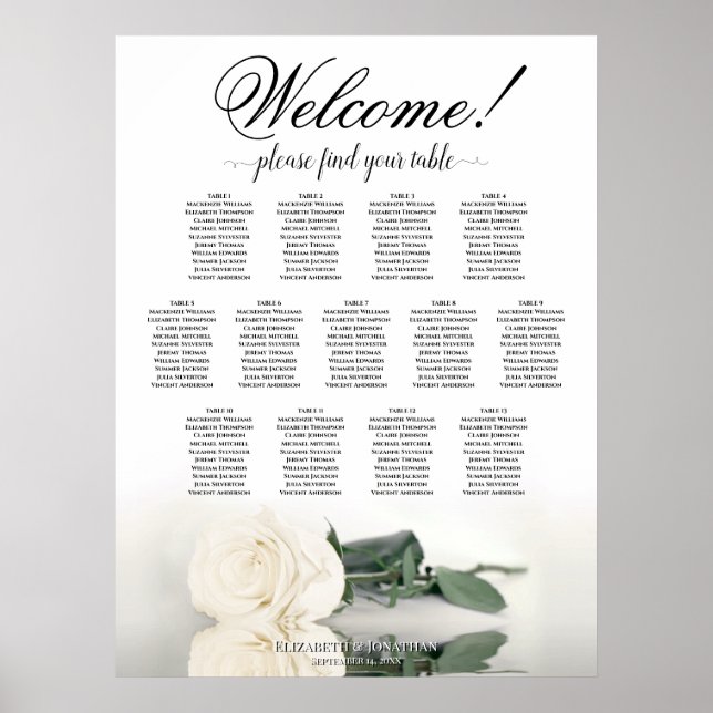 13 Table Ivory White Rose Wedding Seating Chart (Front)