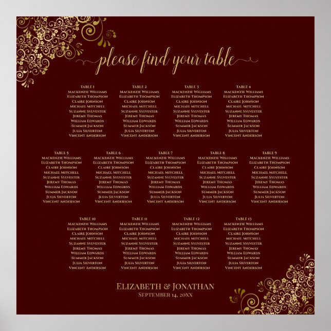 13 Table Lacy Gold & Auburn Wedding Seating Chart (Front)