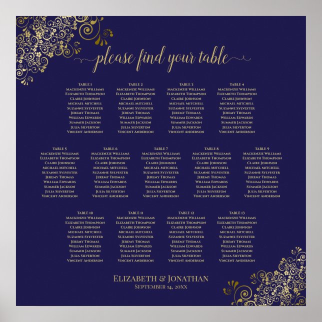 13 Table Lacy Gold Navy Blue Wedding Seating Chart (Front)