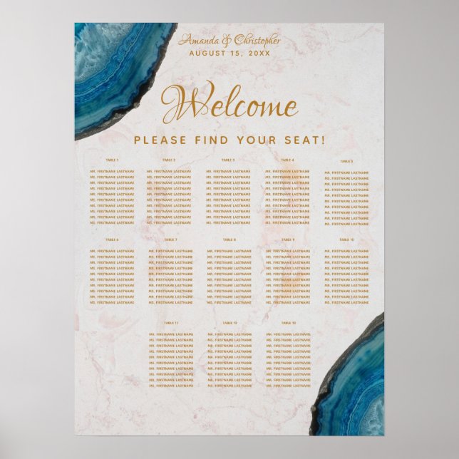 13 Table Marble Wedding Seating Chart Blue Geode (Front)