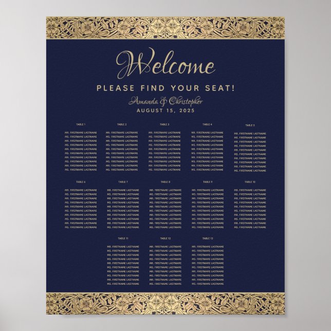 13 Table Navy Blue Wedding Seating Chart Gold Rose (Front)