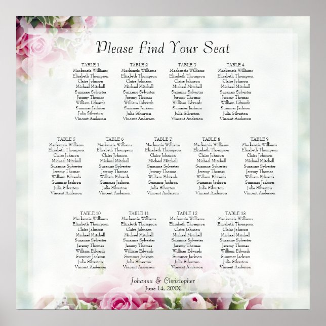 13 Table Pink Roses Elegant Wedding Seating Chart (Front)