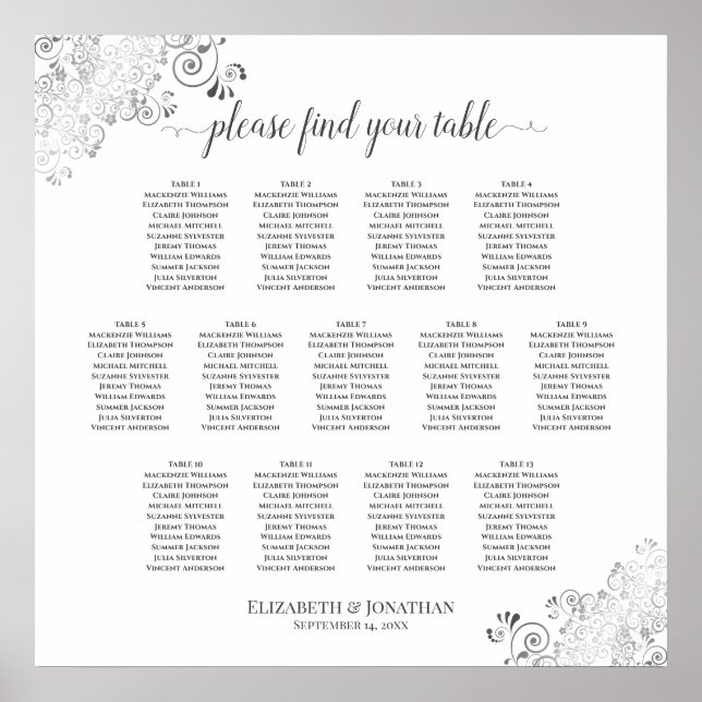 13 Table Silver Frills Wedding Seating Chart White (Front)