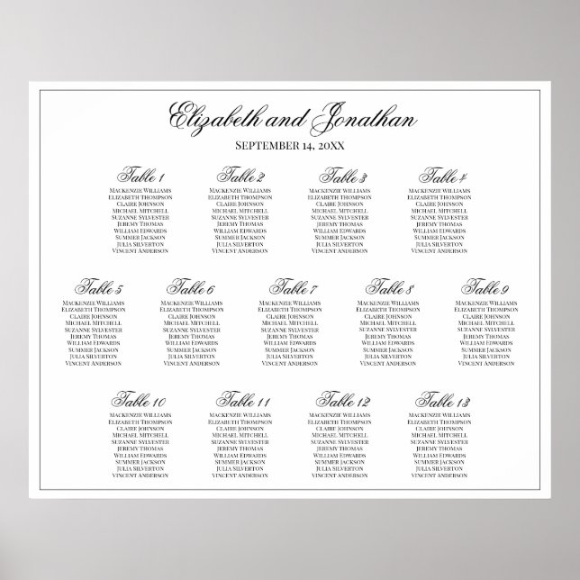 13 Table Simple Elegance Wedding Seating Chart (Front)
