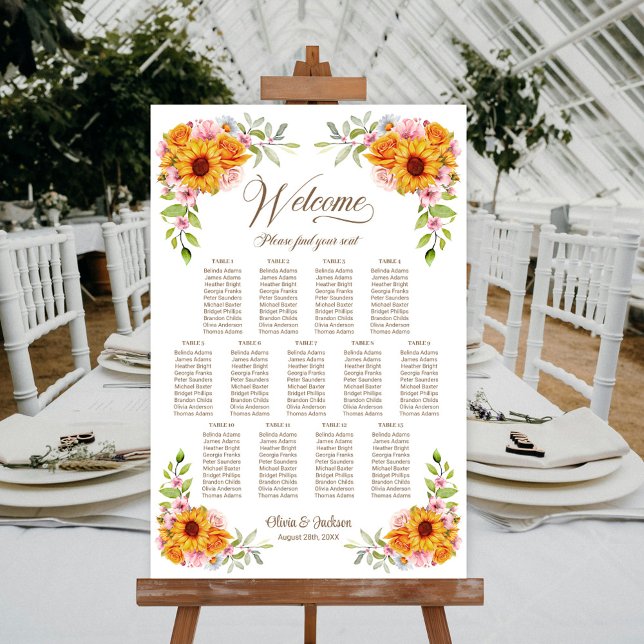 13 Table Sunflower Rose Wedding Seating Chart (Creator Uploaded)