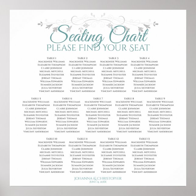 13 Table Teal on White Wedding Seating Chart (Front)